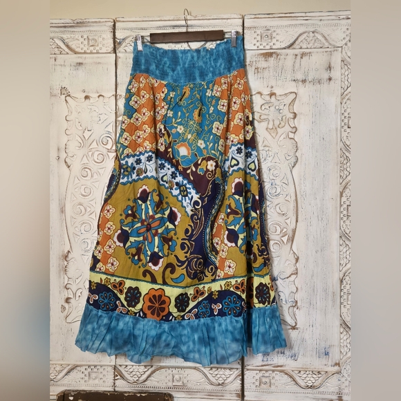 Chaudrey Bohemian Patchwork Maxi Skirt - Teal & Mustard Large - Picture 5 of 6